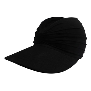 Detail of black sun visor hat with stylish knot design and wide protective brim