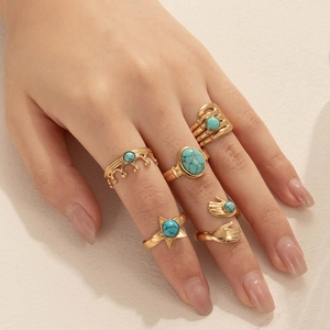 French vintage gold crown ring set for women with turquoise stone and hand designs