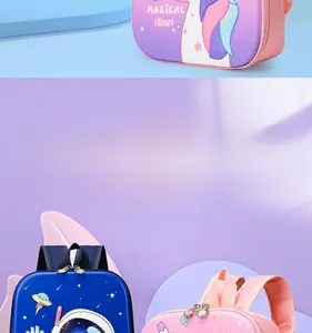Detail of waterproof kids backpack with breathable straps and cartoon unicorn astronaut motifs