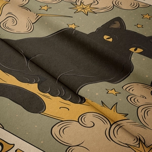 Close-up of soft velvet cat tapestry fabric showing mystical star and cloud print