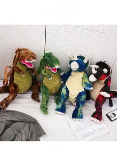 Detailed view of plush dinosaur backpacks in various colors and soft corduroy textures