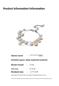 Detail view of multi-layer layered pearl necklace with size dimensions and specifications