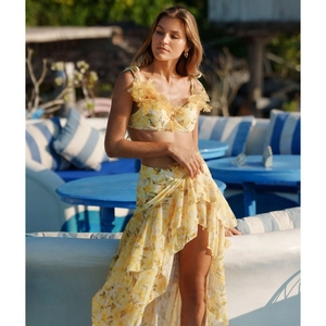 Ensemble Bikini Floral Jaune Femmes Taille Haute Avec Décoration Florale 3D Volants Maillot de Bain Top And Bottom