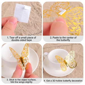 Golden 3D hollow butterfly wall stickers for creative home decor and DIY party arrangements