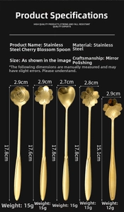 Size chart showing stainless steel flower-shaped dessert spoons with precise measurements
