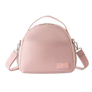 Pink semi-circle insulated lunch bag with adjustable shoulder strap and Tasty Food logo