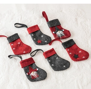 Set of 6 Christmas wool felt stockings with gnomes and white snowflakes embroidery