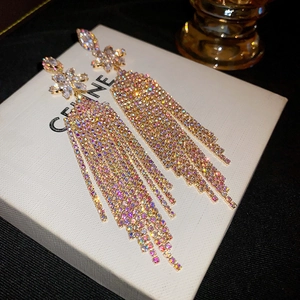 Elegant gold flower earrings with multi-row iridescent tassel rhinestones