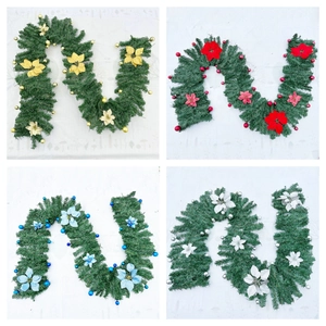 Artificial Christmas Garland Dense Pine Needle PVC Decoration Rattan With Flowers And Ornaments For Home Party Wall Fireplace