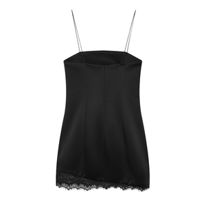 Mini Robe À Camisole En Satin Avec Bordure En Dentelle Fines Bretelles Noir Sans Manches Fermeture Éclair Élégante