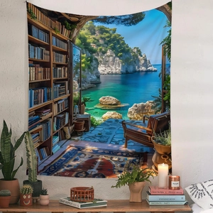 Detail of bohemian library and sea view tapestry on white wall with home decor