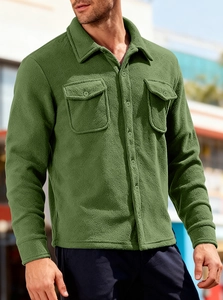 Detail of olive green heavy fleece tactical shirt jacket with buttoned chest pockets