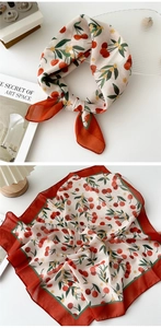 Floral cotton linen square scarf with red cherry prints and decorative red borders