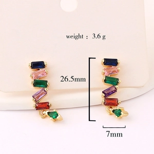 Minimalist gold earrings with rectangular colorful zircons and precise dimensions