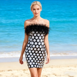 Polka Dot Sequin Mini Bodycon Dress Feather Trim Strapless Tube Top Backless Sexy Party Clubwear Women Fashion