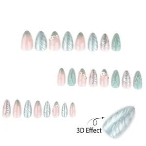 3D short almond press-on nails in gradient green and pink with white flowers and pearls