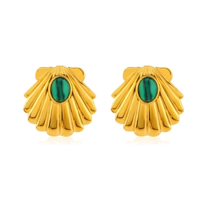 Gold scallop earrings with natural green stone and polished finish on white background