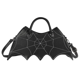Gothic punk black bat-shaped PU leather handbag with white spiderweb embroidery