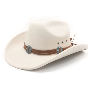 Ethnic style cream wool fedora western cowboy hat with turquoise leather band and tassels