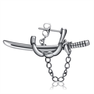 Punk style stainless steel stud earring featuring a silver katana sword and chain pendant