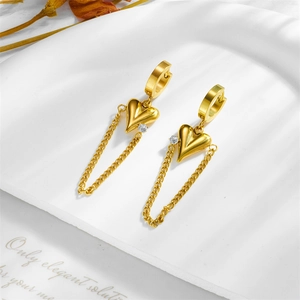 Elegant gold-plated titanium steel heart drop earrings with dangling chains and crystals
