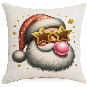 Close-up of Santa Claus blowing bubble gum print on linen texture cushion cover