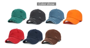 Detailed color options for distressed cotton baseball caps with vintage ripped details