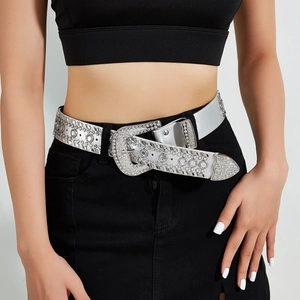 Ceinture punk argentée avec strass et boucle en métal vintage pour tenues de mode