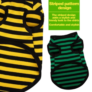 Close-up of cotton dog vest showing striped neck and cuff details in yellow and green