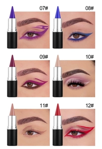 Detailed swatches of matte eyeliner sticks in purple, blue, plum, skin, nude and red shades