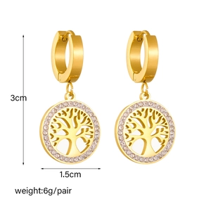 Elegant gold tree of life drop earrings with sparkling rhinestone border 3cm height