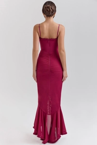 Detailed back view of rose red mermaid maxi dress with hidden zipper and ruched texture