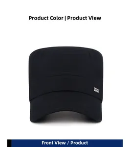 Detail of black cotton flat top cap with side SPORT silver metal logo emblem