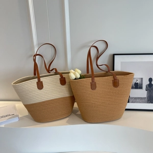 Hand Woven Tote Bag Cotton Rope Straw Style Large Capacity Casual Beach Vacation Shoulder Bag With Leather Handle Simple
