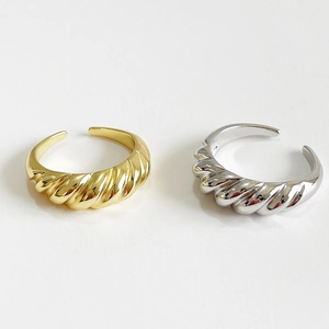 925 Sterling Silver Ring Twisted Croissant Texture Adjustable Wide Curved Band French Style Minimalist Jewelry For Women