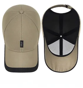 Detailed top and interior views of a khaki baseball cap with black contrast stitching