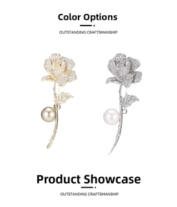 Detailed comparison of gold and silver rose brooches with pavé crystals and pearls