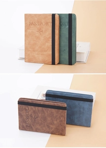Detail of four colorful RFID passport wallets showing textured faux leather and elastic straps