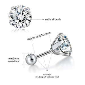 Set of stainless steel cubic zirconia stud earrings with threaded ball backings