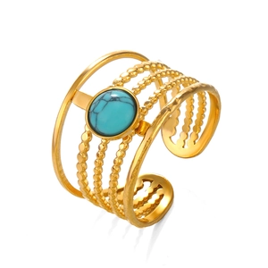 Gold-plated stainless steel open ring with oval blue turquoise inlay on white background