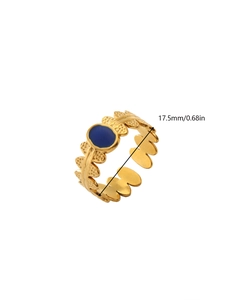 Detail shot of blue oval stone on gold leaf texture ring with 17.5mm diameter size info