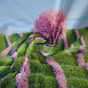 Detail of high-quality woven fabric texture showing a vibrant spring cherry blossom landscape