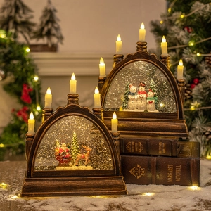 Vintage bronze crystal LED Christmas lantern with Santa Claus and snowman scenery