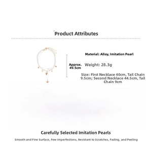 Three-layer starfish and shell necklace dimensions showing 40cm to 49.5cm length details