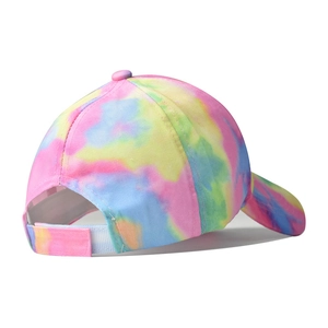 Detail view of colorful tie-dye cotton visor with adjustable strap and twill texture