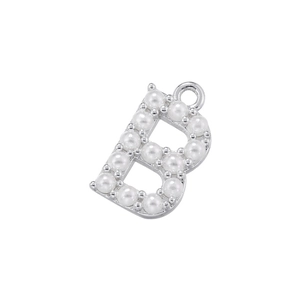 Macro shot of silver letter B pendant featuring white artificial pearls and hanging loop