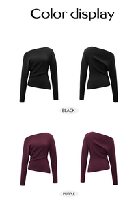 Color display of long sleeve off-shoulder tops in black and purple with ruched waist detail