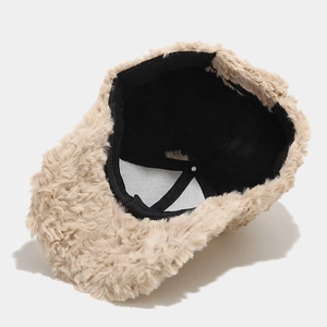 Women's warm plush baseball cap in beige faux fur with comfortable inner lining