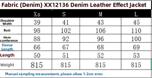 Tableau des tailles avec mesures pour la veste et le pantalon effet cuir denim