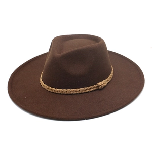 Cappello Fedora classico marrone in lana con tesa larga e cinturino in corda intrecciata